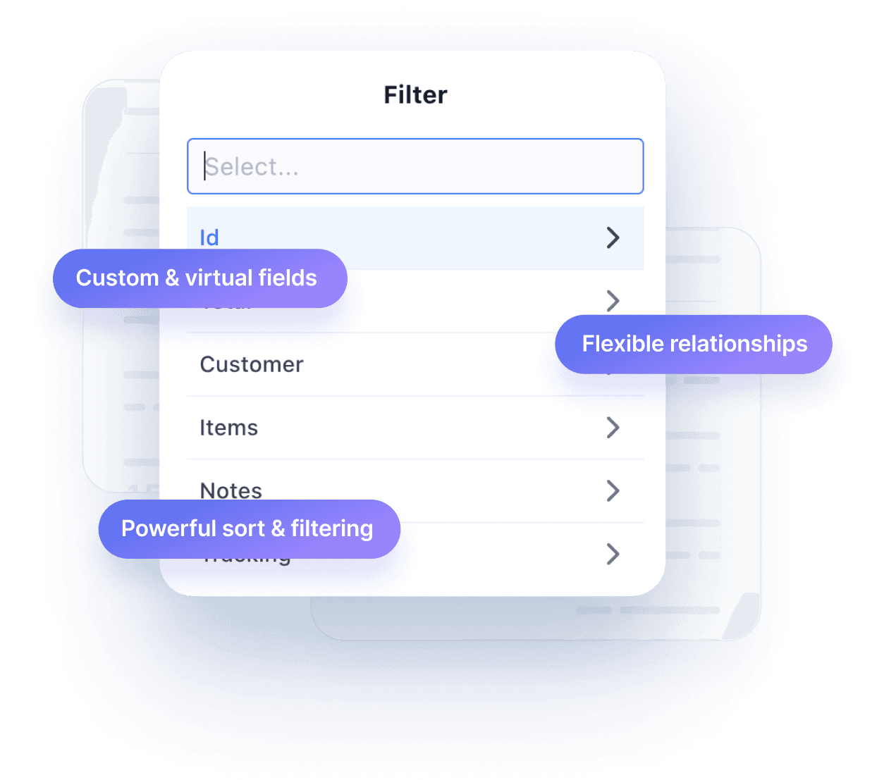 Overlay of Admin UI field panes showing fields for a Post content type. Promotional text overlays show: custom & virtual fields; flexible relationships; powerful sort & filtering.